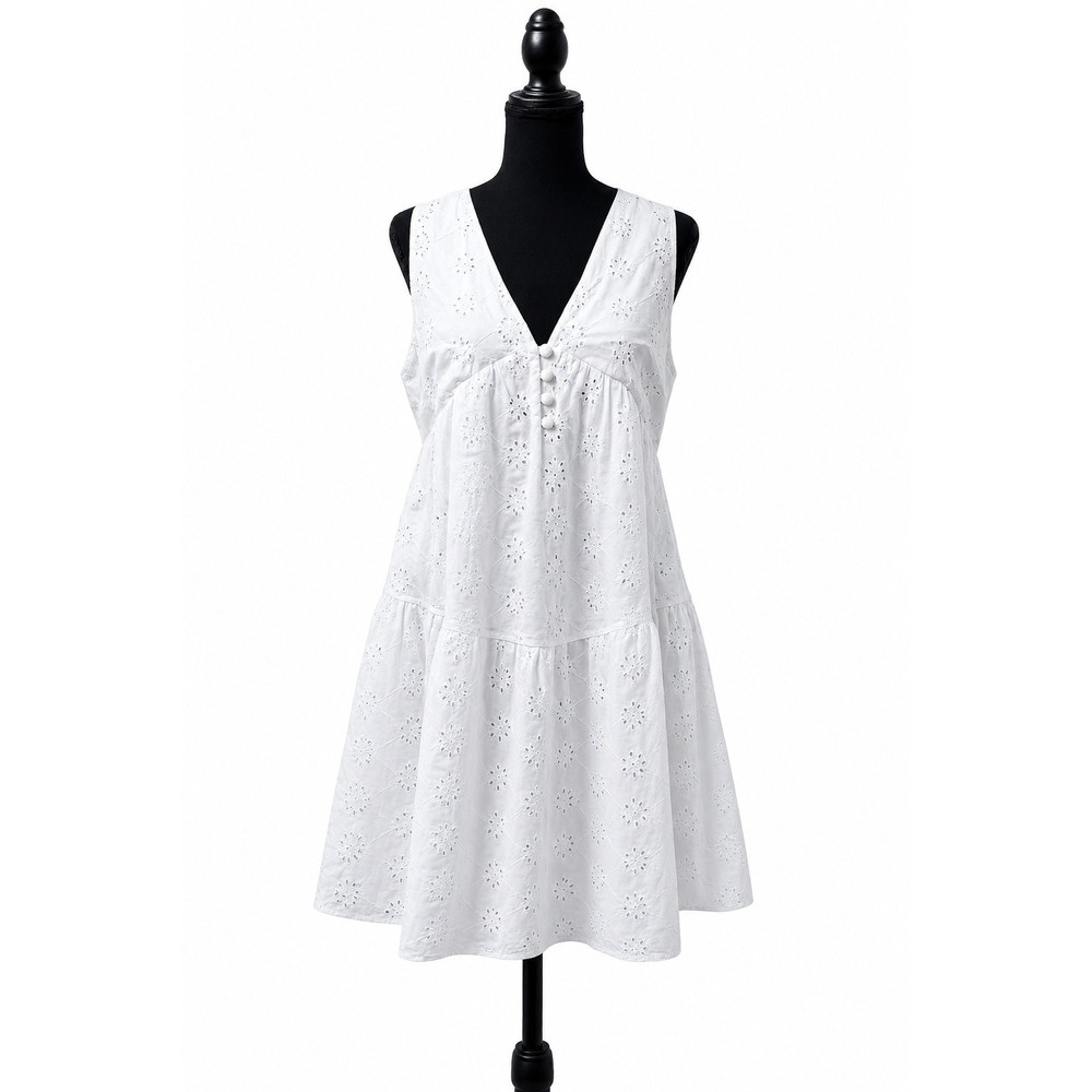 Pretty Garbage Eyelet Tiered Deep V Mini Dress Medium White Cotton Boho Brunch